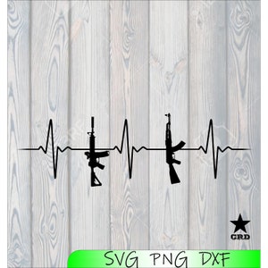 May include: Black silhouette of two rifles with a heartbeat line in between them. The image is on a woodgrain background with the text "SVG PNG DXF" and a star with the text "CRD" below.