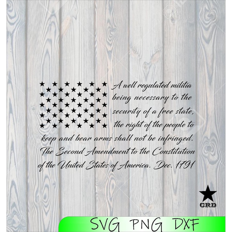May include: A black and white image of a stylised American flag with stars. The text reads: "A well regulated militia being necessary to the security of a free state, the right of the people to keep and bear arms shall not be infringed. The Second Amendment to the Constitution of the United States of America. Dec. 1791".