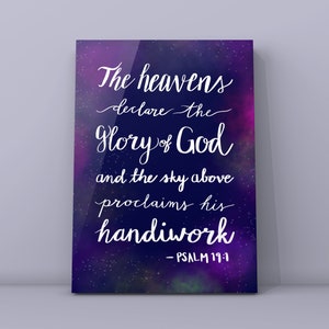 Psalm 19:1 Poster | The Heavens Declare the Glory of God | Nebula artwork | Hand lettered bible verse | Printable wall art