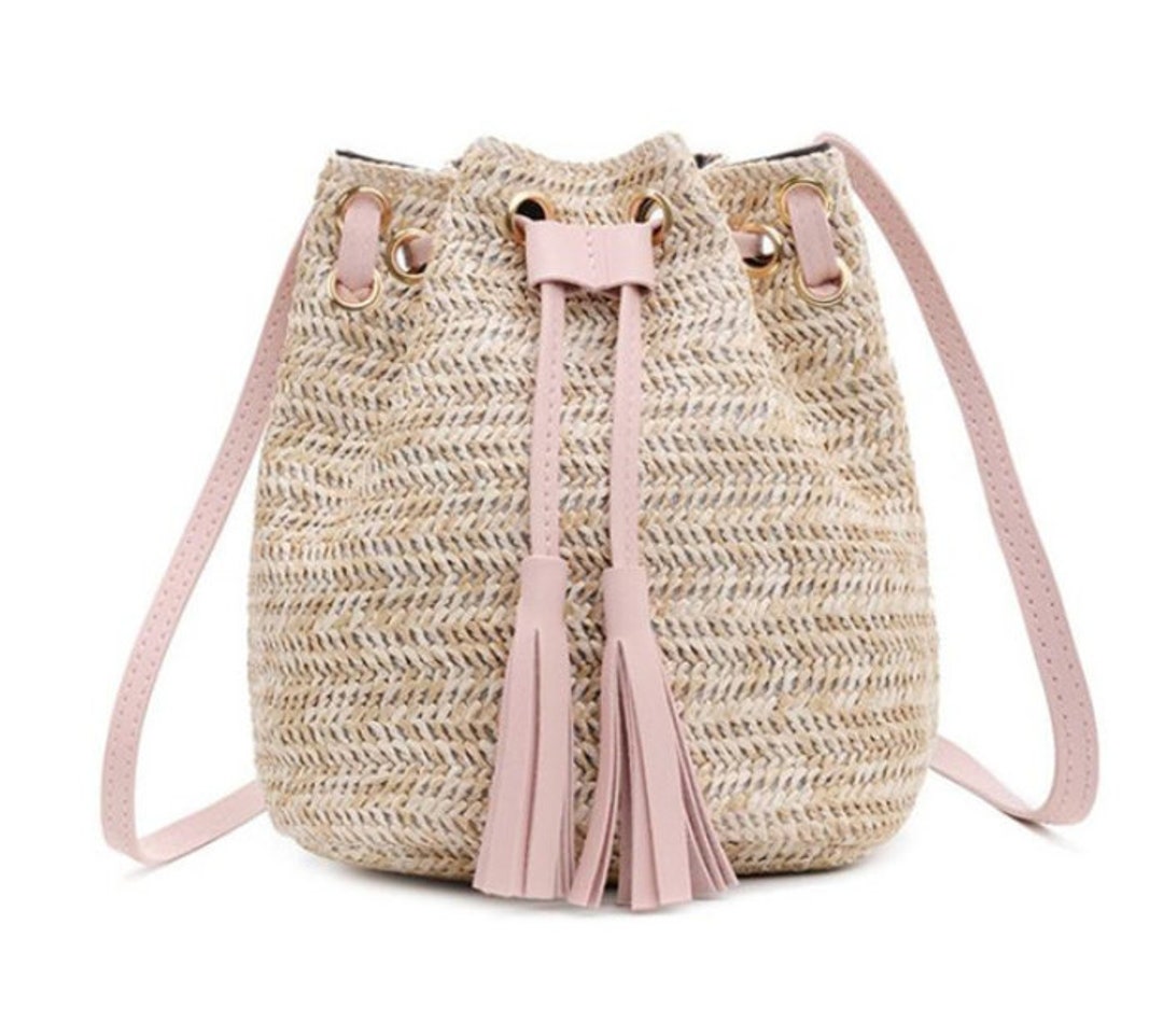 Pink and Brown Straw Bucket Bag - Etsy