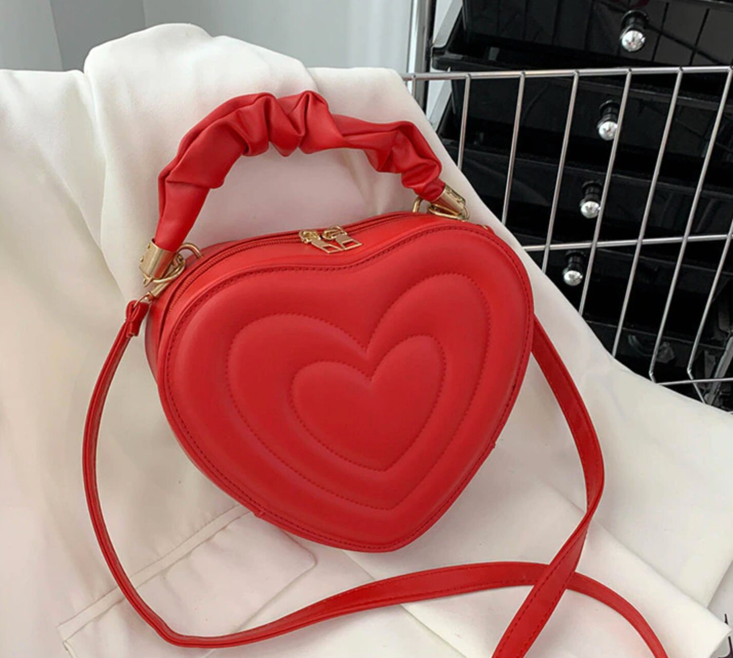 Red Heart Shaped Purse Cute Cherry Bag With Small Handle 