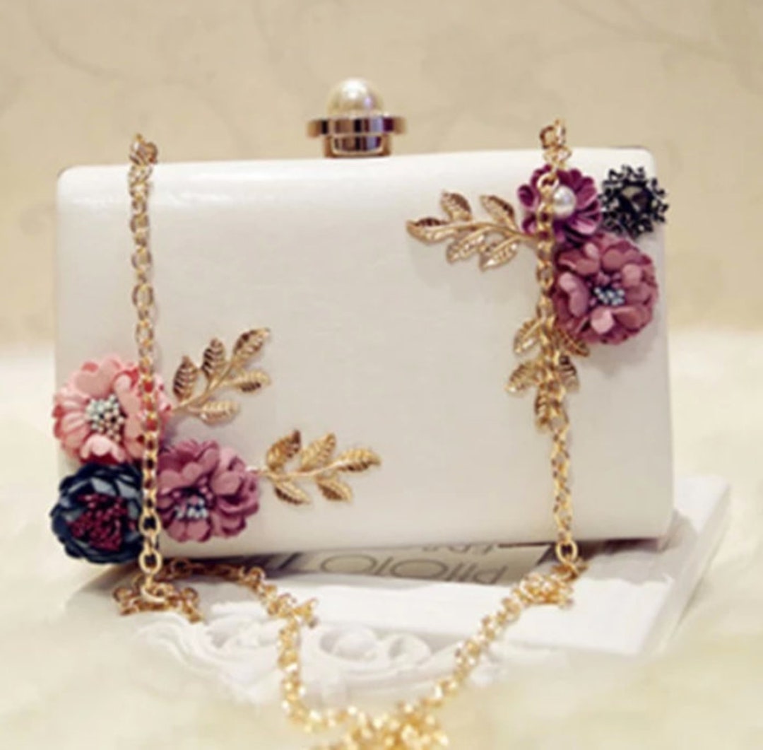 White Clutch Purse Classy Handbag With Embroidered & Flowers - Etsy