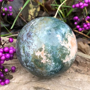 Salmon Lake Moss Agate Planet Sphere, Blue Surface Variations 67mm