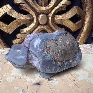 Peut inclure: Une sculpture en pierre bleue et marron représentant une tortue. La sculpture a un aspect lisse et poli avec une carapace texturée. L'arrière-plan présente une sculpture en bois dorée ornée.