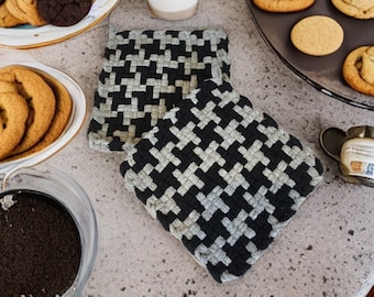 Handwoven Cotton Potholders: Gray & Black Herringbone Hot Pads, Set of 2