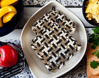 Handwoven Cotton Potholders: Black & Tan Retro Trivet, Set of 2