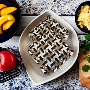 May include: Two brown and black woven pot holders in a white ceramic bowl. The pot holders have a geometric pattern.