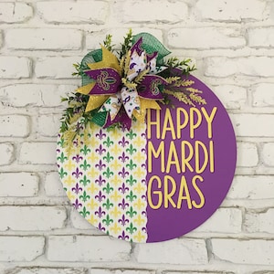 Happy Mardi Gras Door Hanger for Front Door, Fleur De Lis, Mardi Gras Decoration, Mardi Gras Wreath, Entryway Decor, Mardi Gras Home Decor