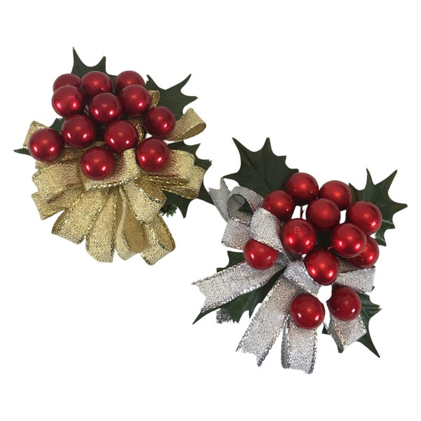 Christmas Holly Berry Corsage, Xmas Corsage Silver or Gold, Holiday Adornment, Teacher Gift, Nurse Gift, Secret Santa Gift