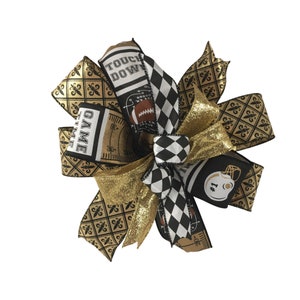 Handmade Football Bow: Black, Gold, and Harlequin Ribbon Wreath Decor