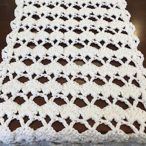 Handmade White Crochet Table Runner: Cotton Fan Pattern, Farmhouse Decor