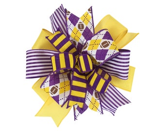 Handmade Bow for Wreath, Purple Yellow White Wreath Bow, Team Colors Bow Decoration, Striped Bow,  Bow for Swag, Lantern, Decor or Gift Trim