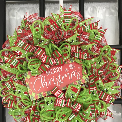 Merry Christmas Wreath, Red White Green Christmas Wreath, Whimsical Holiday Wreath, shops Festive Doorhanger, Santa Boots Mittens