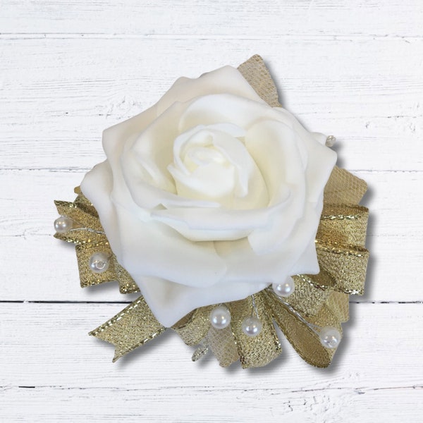 Creamy White Rose Corsage, Rose Corsage with Faux Pearl and Gold Bow, Corsage for All Occasions, Prom or Wedding Corsage, Mothers Day Gift