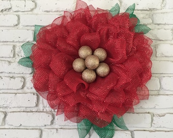 Poinsettia Wreath for Front Door, Christmas Wreath, Christmas Poinsettia Wreath, Christmas Decorations, Xmas Door Hanger, Xmas Wall Art
