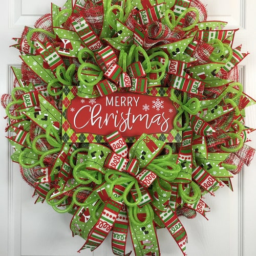 Merry Christmas Wreath, Red White Green Christmas Wreath, Whimsical Holiday Wreath, shops Festive Doorhanger, Santa Boots Mittens