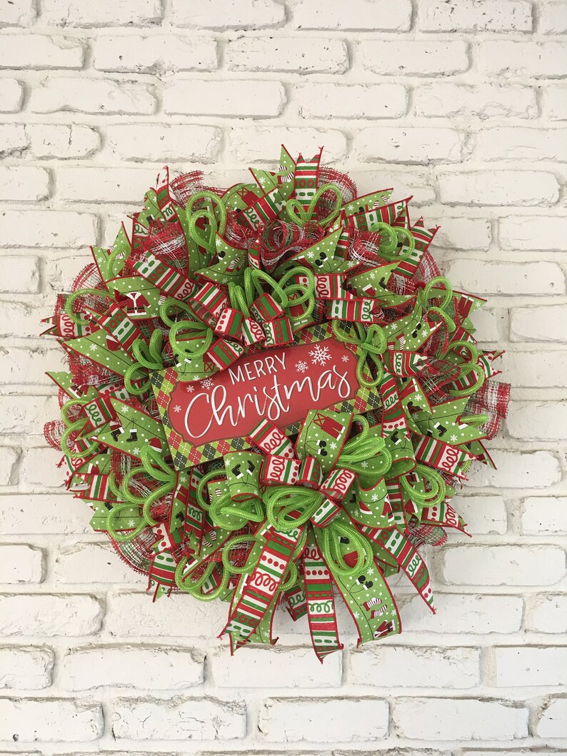 Merry Christmas Wreath, Red White Green Christmas Wreath, Whimsical Holiday Wreath, shops Festive Doorhanger, Santa Boots Mittens