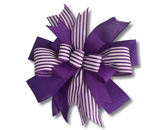 Handmade Purple Bow: Faux Burlap and Striped Satin Ribbon, Wreath or Lantern Decor