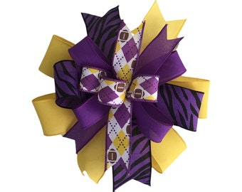 Handmade Purple and Yellow|Gold Football Bow for Wreath, Football Tailgate Decoration, Team Colors Bow, Tiger Stripe, Lantern or Mailbox Bow