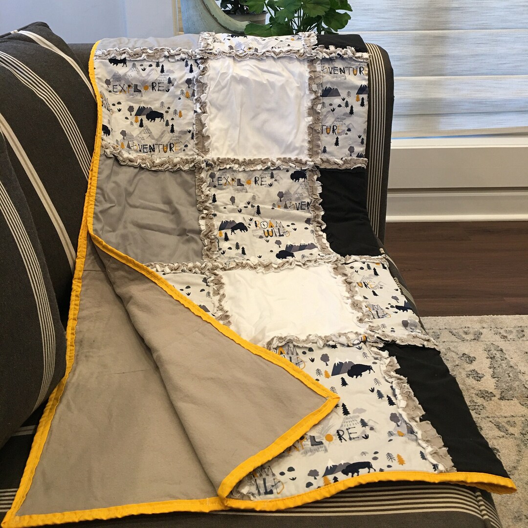 Adventure Theme Rag Quilt: Yellow Gray Cabin Decor Throw - Etsy