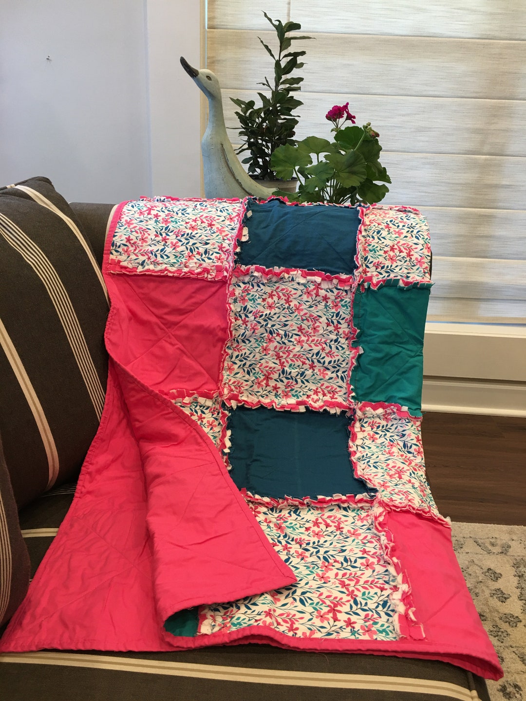 Floral Rag Quilt, Vintage Style Rag Quilt, Lap Quilt, Pink Rag Quilt