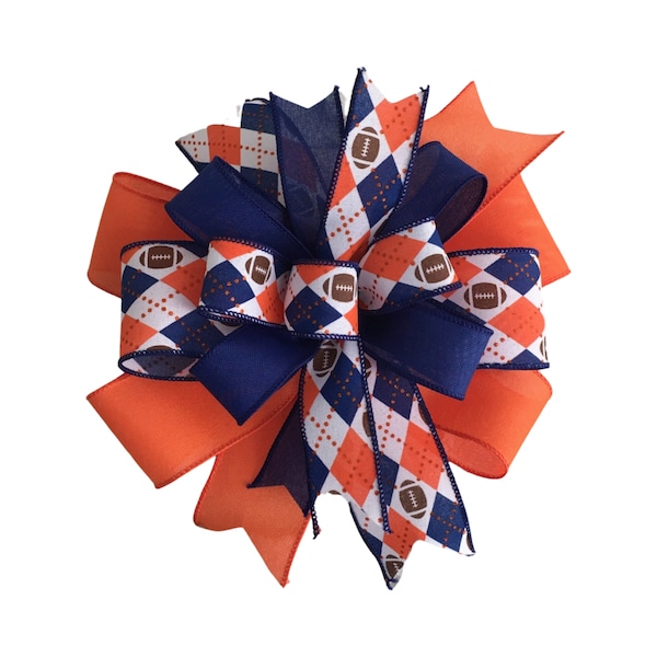 Handmade Royal Blue and Orange Football Bow, Team Colors Decoration, Tailgate Decoration, Bow for Wreath, Swag or Lantern, Football Decor