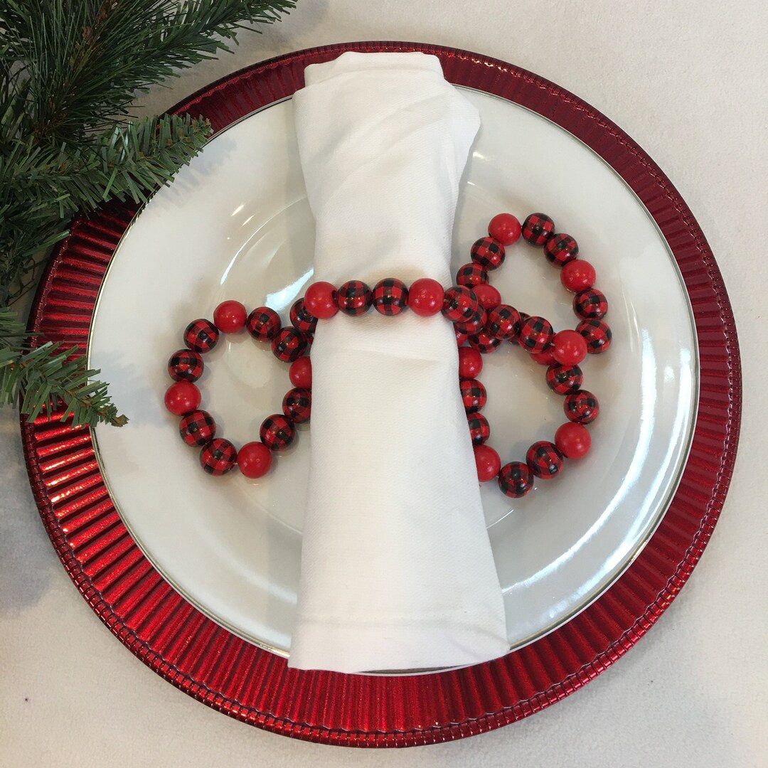 Christmas Wood Bead Napkin Rings, Red Black Buffalo Plaid Napkin Rings, Xmas Table Decor, Set of