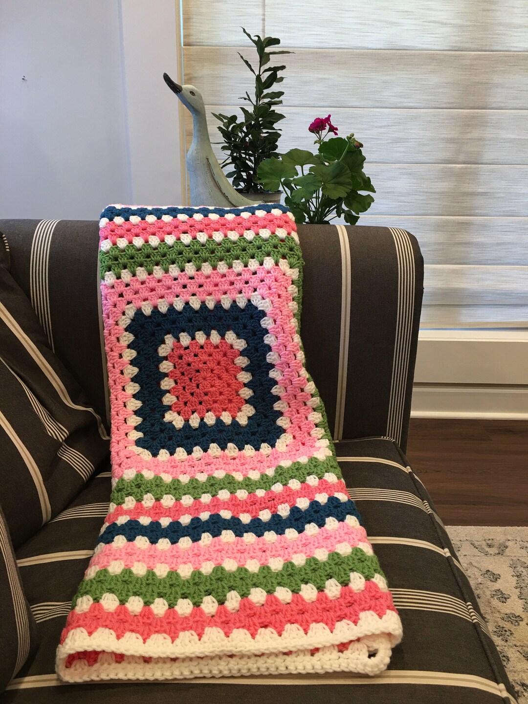 Hand Crocheted Five Color Blanket, Hand Crocheted Throw, Pink, Navy