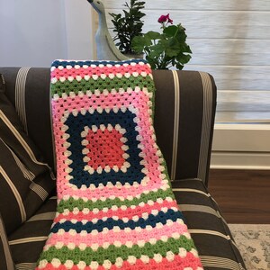Hand Crocheted Five Color Blanket, Hand Crocheted Throw, Pink, Navy Green and White Hand Crocheted Lap Blanket or Throw