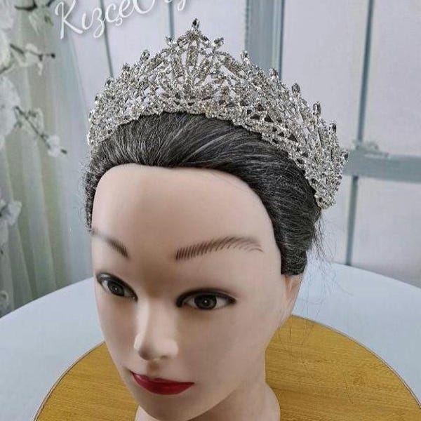 Zircon Stone Crown, Bridal Tiara, Wedding Hairband, Bridal Crown, Silver Tiara, Silver Crown, Shiny Row of Stone Crowns, Bridal Accessory