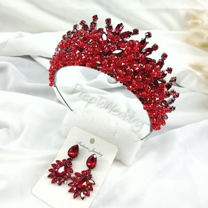 Zircon Stone Henna Crown and Earring, Handmade Bridal Tiara, Red Crown, Wedding Hairband, Crystal Stone Bridal Crown, Red Tiara, Bride Tiara