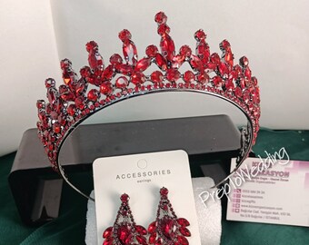 Burgundy Crystal Bridal Crown and Earrings Set - Etsy display picture 1