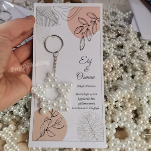Cartão personalizado com contas de pérola, chaveiro para presente de casamento, presente de noivado, presente de aniversário, presentes de agradecimento, chaveiro de pérola (50 peças)