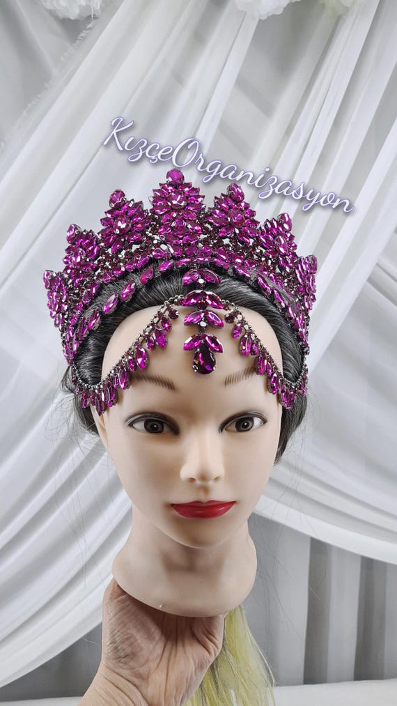 Fuchsia Crystal Tiara, Black Crown, Princess Crown, Purple Crystal Headband Goth Purple Tiara Black Crown Princess Queen headdress  main image 3