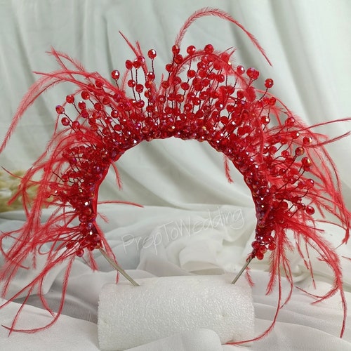 Red Feather Bridal Tiara, Red Crystal High Bridal Crown, Bridal crown, Henna Tiara Henna Night, Beauty Contests, and Party, Bridal Accessory