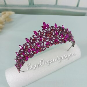 Zircon Stone Henna Crown, Bridal Tiara, Pink Crown, Wedding Hairband, Pink Bridal Crown, Dark Pink Tiara, Bride Tiara, Bridal Accessory
