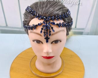 Bridal Headpiece Rhinestone Forehead Hair Band Blue Wedding Accessories Romantic Blue Tiaras Wedding Headband Crystal Rhinestone  main image 4