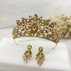 Zircon Stone Henna Crown and Earring, Handmade Bridal Tiara, Gold Crown Wedding, Wedding Hairband, Crystal Stone Bridal Crown, Gold Tiara