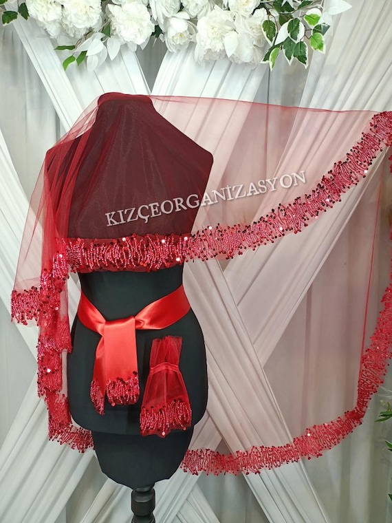 Red - Burgundy Bridal Wedding Veil Set, Henna Night 