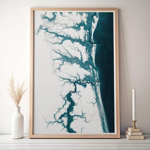Puede incluir: Una impresión abstracta enmarcada con un diseño azul verdoso y blanco. El diseño se asemeja a un mapa de una costa con intrincados cursos de agua.