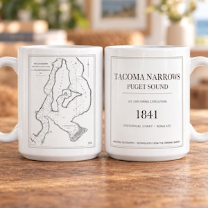 Tacoma Narrows Map Mug, Vintage Puget Sound Nautical Chart Coffee Cup, Vashon Island Gift, 1841 Historical Map Mug