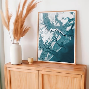 Stampa artistica della mappa costiera di Johns Island, decorazione da parete nautica da spiaggia per la casa, design costiero naturale per la casa al mare, mappa regalo di Johns Island.