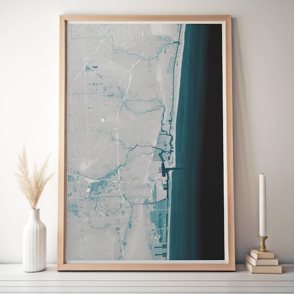 Fort Lauderdale Florida Coastal Map Art Print Nautical Wall Decor Beach House Gift Yacht Ocean Depth Chart Housewarming Anniversary Framed