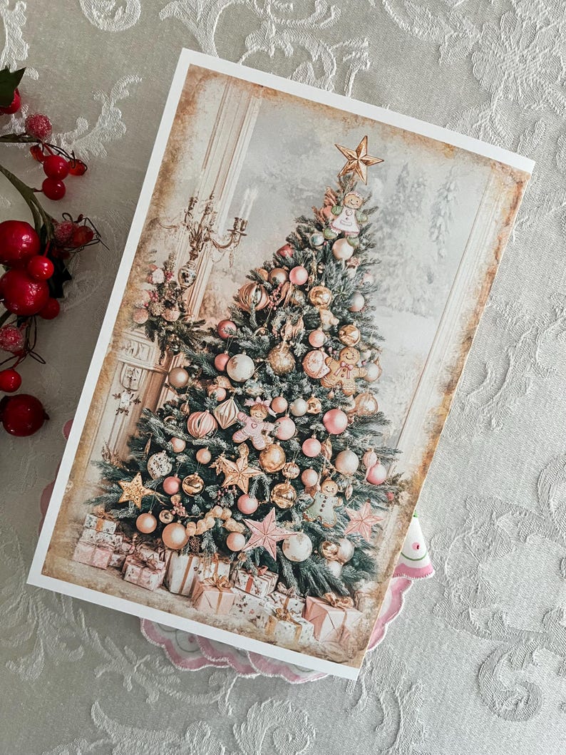 Op de afbeelding: Een kerstkaart met een versierde kerstboom met roze en gouden ballen, sterren en een ster op de top. De boom is omringd door ingepakte cadeaus. De kaart heeft een vintage esthetiek met een besneeuwde achtergrond en een decoratieve rand.