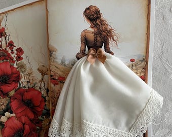 Op de afbeelding: Een wenskaart met een aquarel illustratie van een vrouw in een bruine jurk en witte rok, van achteren gezien. Een witte zakdoek met een kanten rand is ervoor geplaatst. Rode klaprozen zijn zichtbaar aan de linkerkant van de kaart.