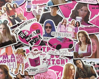 May include: A collection of pink stickers with text and images from the movie "Mean Girls." The stickers feature quotes like "We wear pink" and "Get in loser, we're going shopping!" and images of the movie's characters.