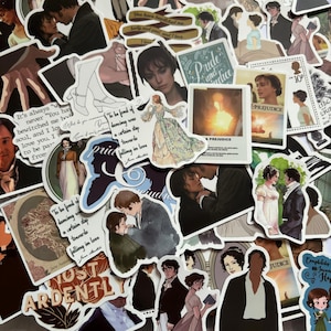 May include: A selection of stickers with imagery and quotes from "Pride and Prejudice." The stickers depict characters, scenes, and quotes from the classic romance, in various shapes and sizes. The color scheme includes brown, white, and black.