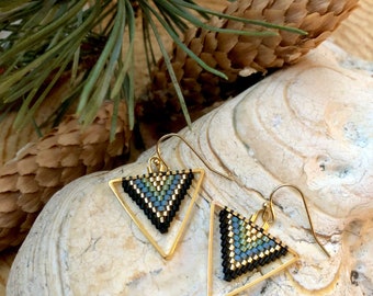 Gold, Black, Blue, and Green Beaded Triangle Earrings with 14k Gold Hooks for Sensitive Skin