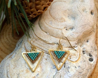 Mini Beaded Turquoise and Gold Triangle Earrings with 14k Gold Plated Hypoallergenic Hooks