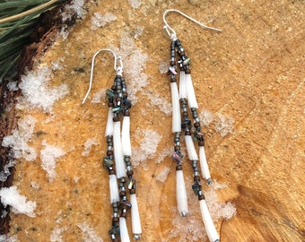 Dark Metallic Matte Silver, Matte Bronze, Iridescent Beaded Shell Strand Earrings